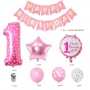 Birthday party balloon set 1-year-old girl - silver-white & pink