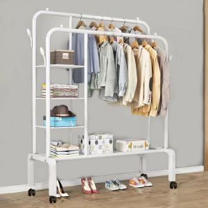 Double freestanding clothes hanger (three side storage shelf) 133x154 cm -white