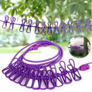 Elastyczna linka do suszenia prania z 12 klamerkami - fioletowa