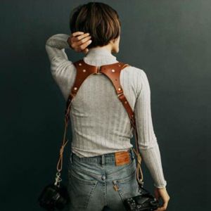 Leather camera shoulder strap Double shoulders - brown type 2